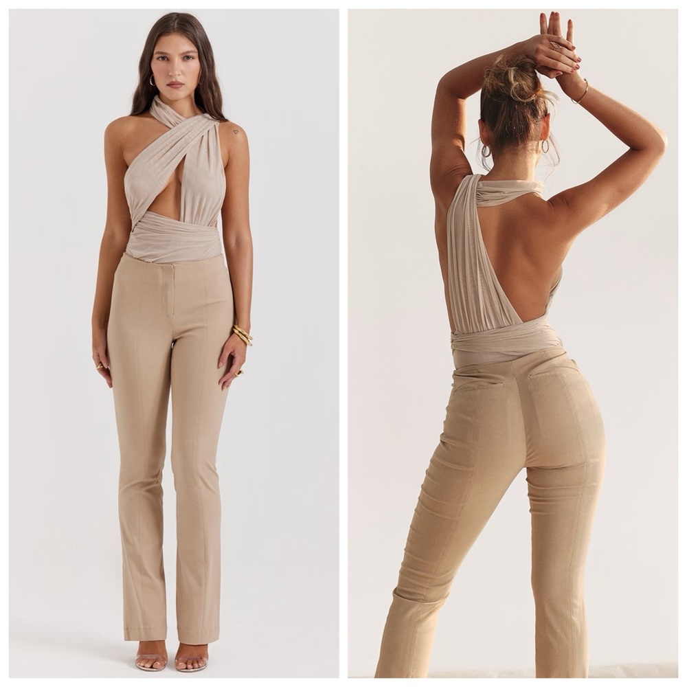 House of CB Cai Low Rise Straight Leg Trouser Pants Ecru Beige Neutral Medium